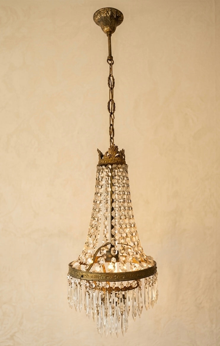 Montgolfière Pendant Chandelier, Gilt Brass and Crystal, Single-Light