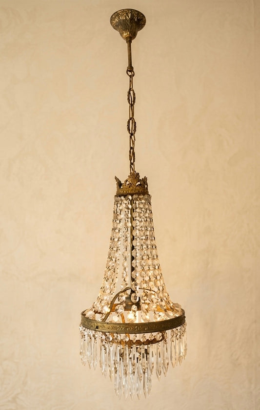 Montgolfière Pendant Chandelier, Gilt Brass and Crystal, Single-Light