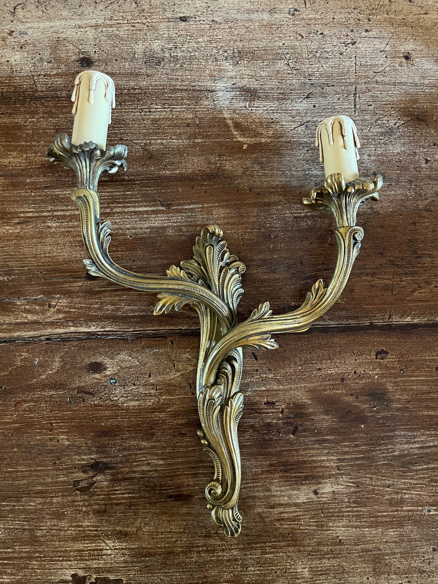 Gilt Brass Wall Sconces, Two-Arm Rococo Style, Pair