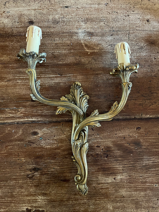 Gilt Brass Wall Sconces, Two-Arm Rococo Style, Pair