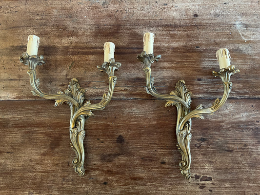 Gilt Brass Wall Sconces, Two-Arm Rococo Style, Pair