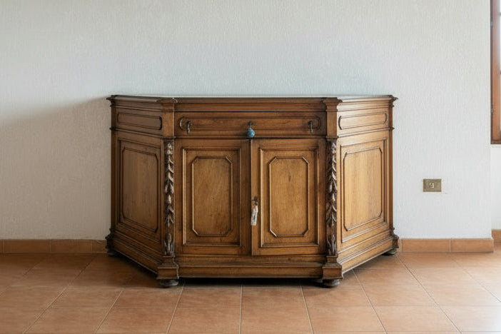 Italian Renaissance Revival Walnut Credenza with Hand-Carved Caryatids and Grey Marble Top, Trapezoidale circa 1850–1880