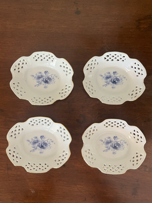 European Pierced Porcelain Dishes with Blue Roses