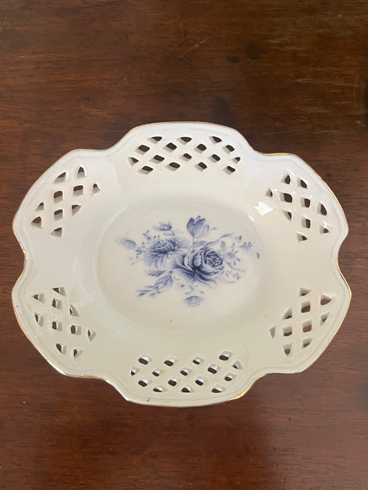 European Pierced Porcelain Dishes with Blue Roses