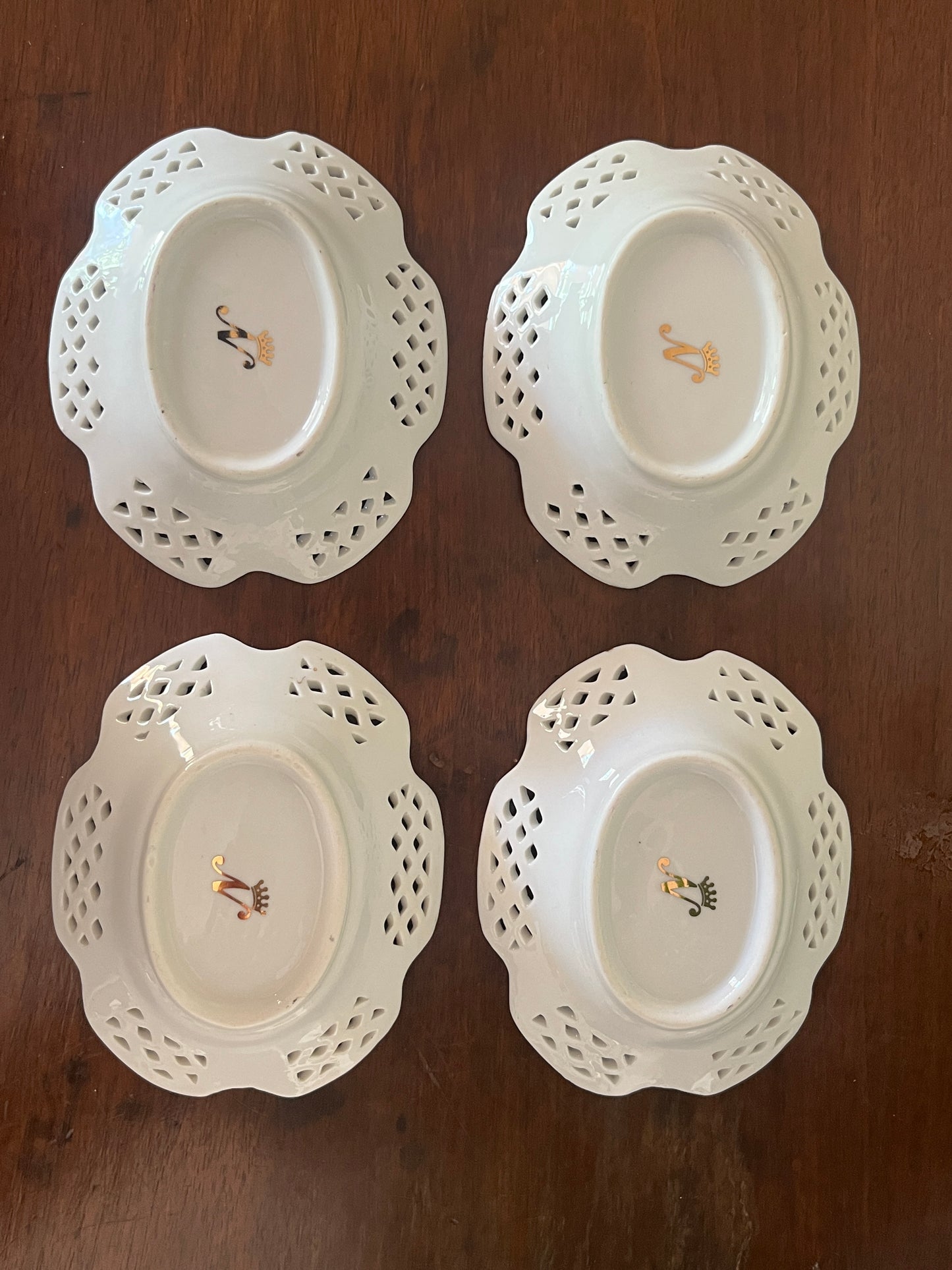 European Pierced Porcelain Dishes with Blue Roses