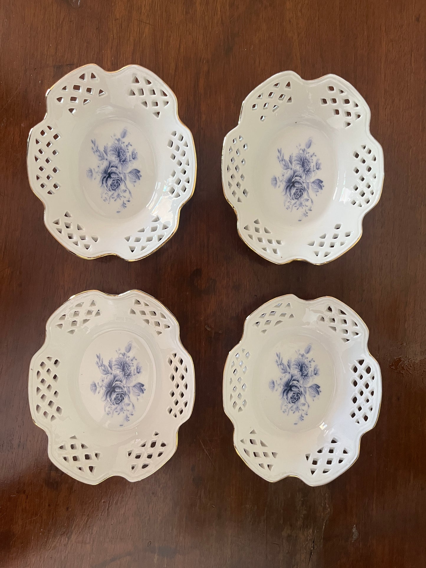 European Pierced Porcelain Dishes with Blue Roses