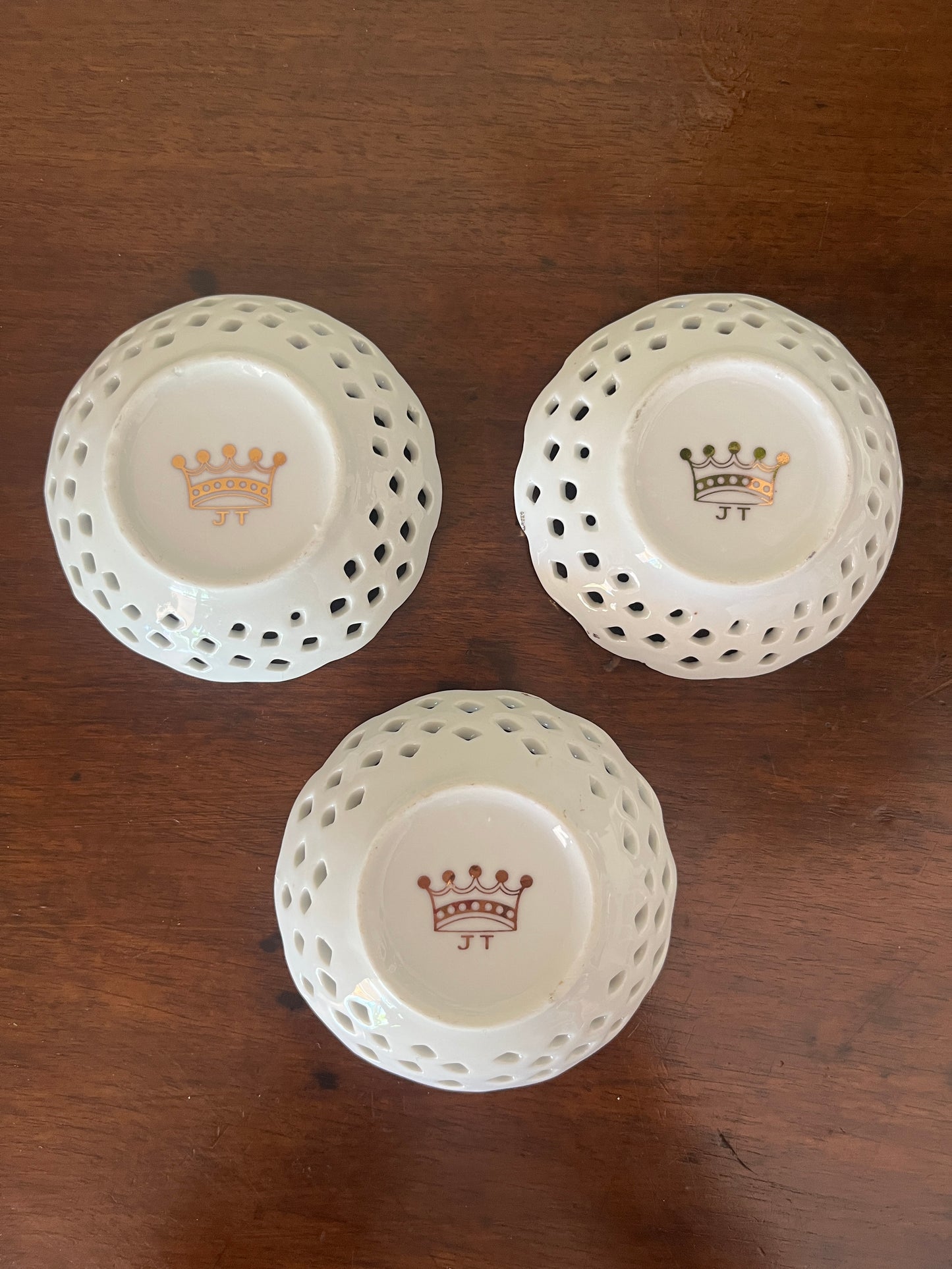 Set of 3 Small Decorative Pierced Circular Porcelain Dishes c. 1900–1920