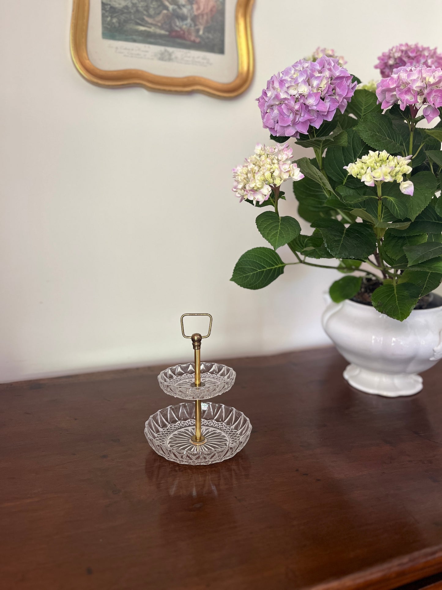 French Two-Tier Crystal & Brass Cake Stand