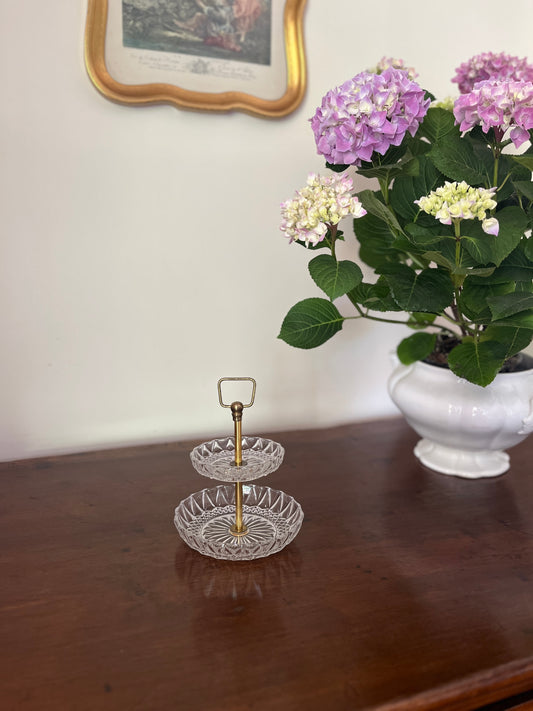 French Two-Tier Crystal & Brass Cake Stand