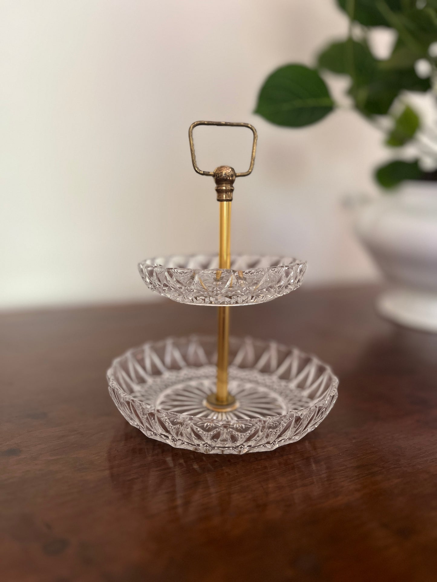 French Two-Tier Crystal & Brass Cake Stand