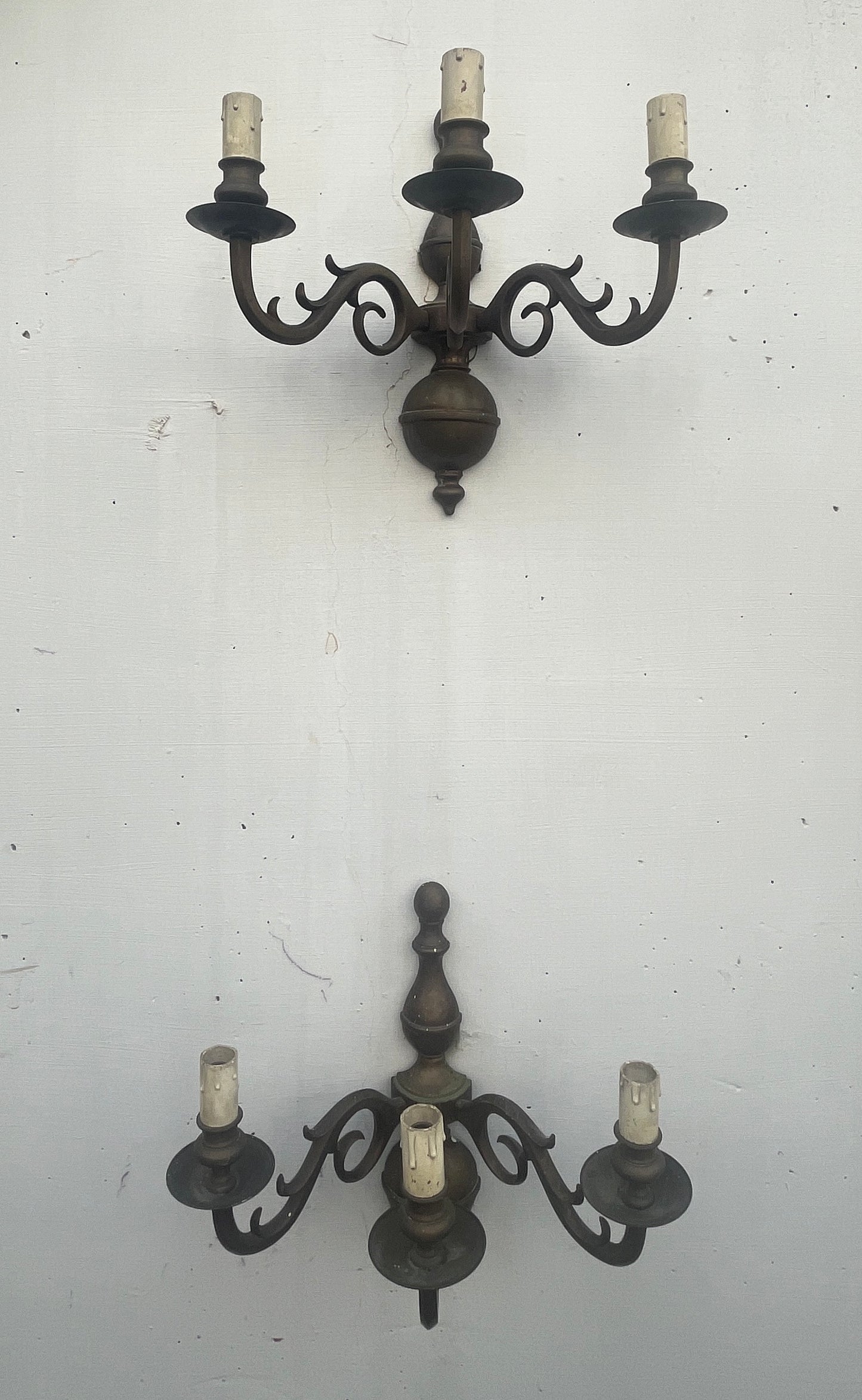 Italian Bronze Wall Sconce, Three-Arm Candelabra, Pair