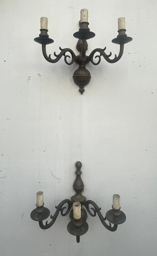 Italian Bronze Wall Sconce, Three-Arm Candelabra, Pair