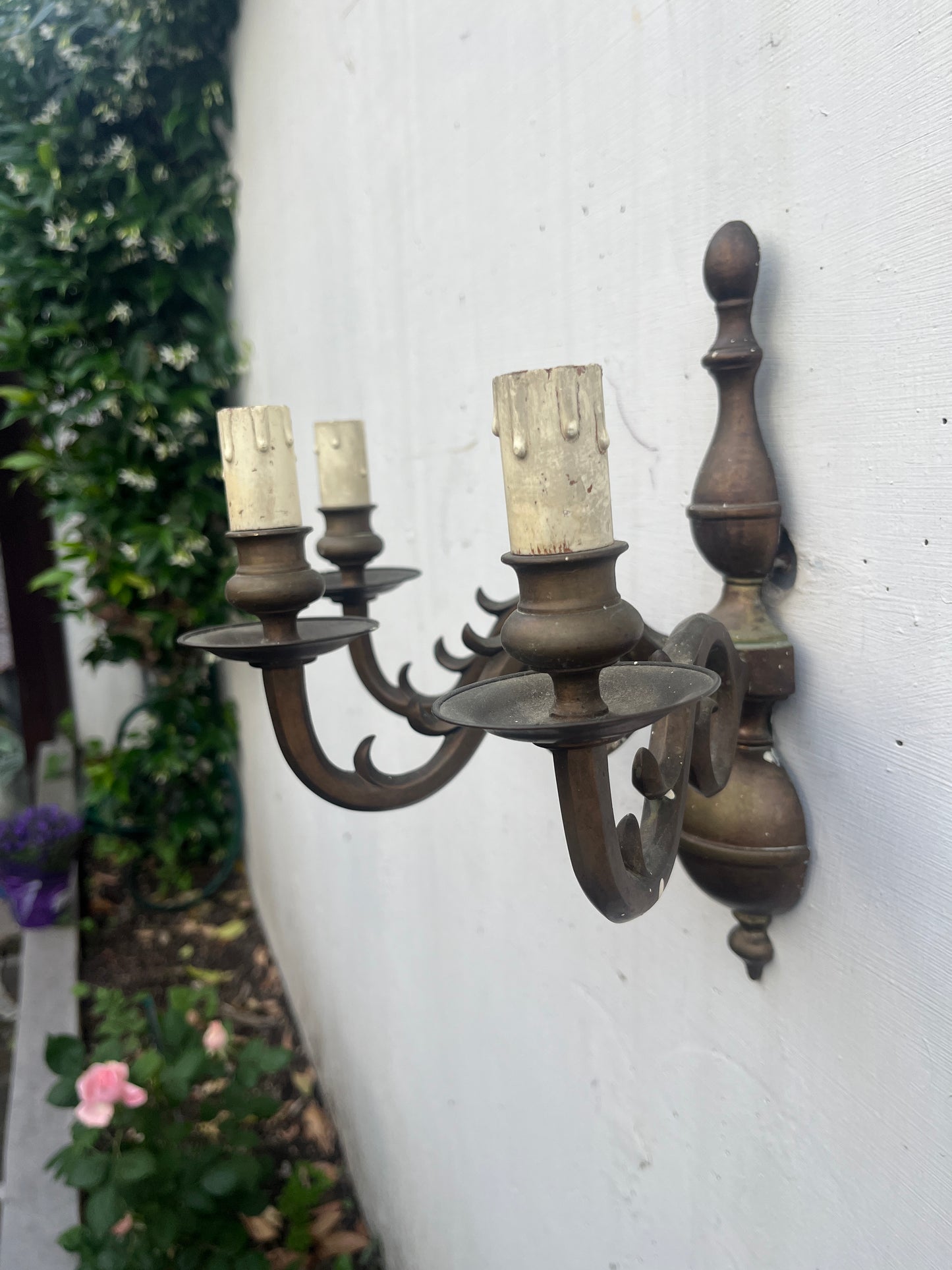 Italian Bronze Wall Sconce, Three-Arm Candelabra, Pair