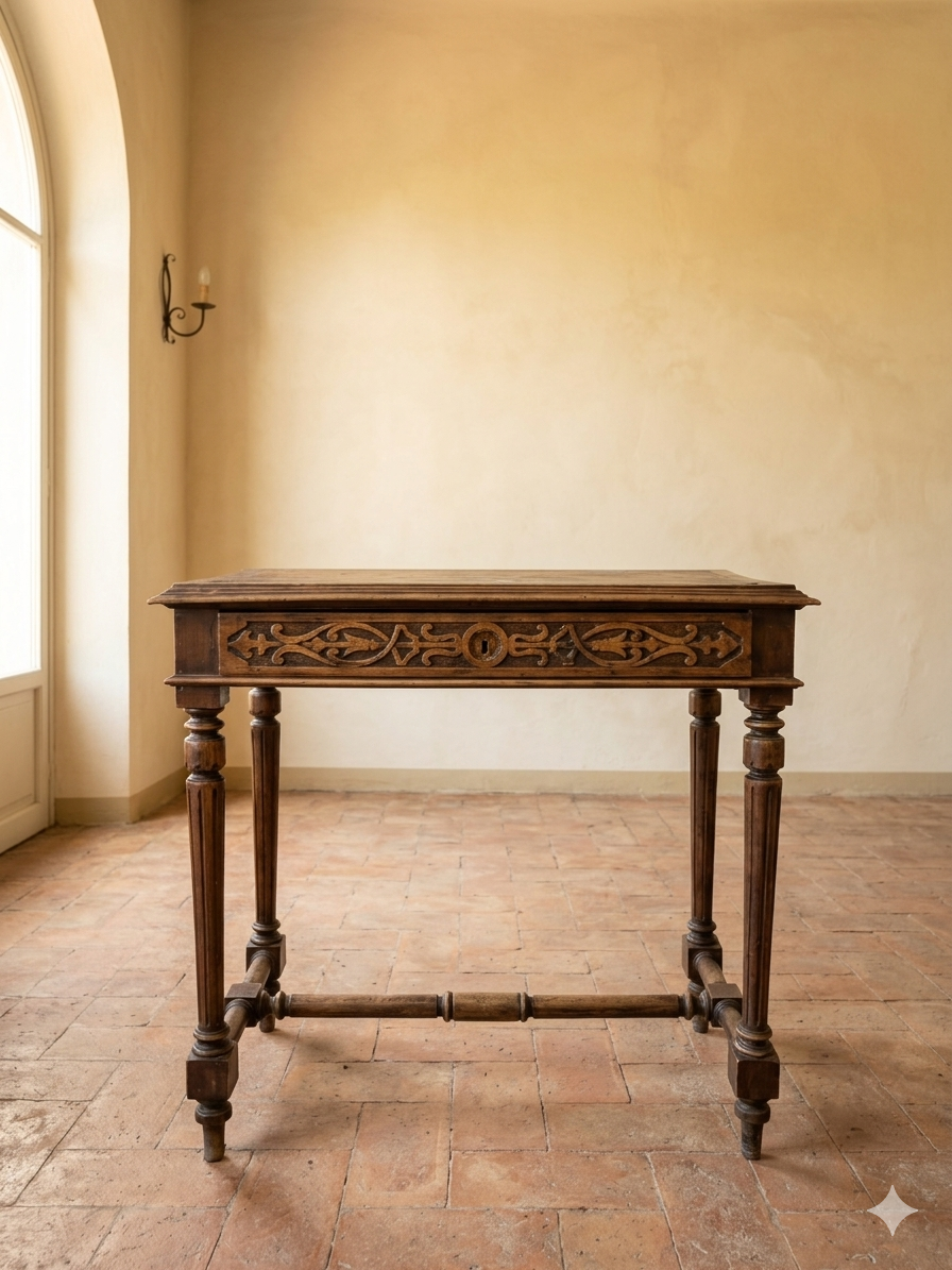 150 Year Old Walnut Writing Desk with Hand-Carved Apron and Original Leather Top