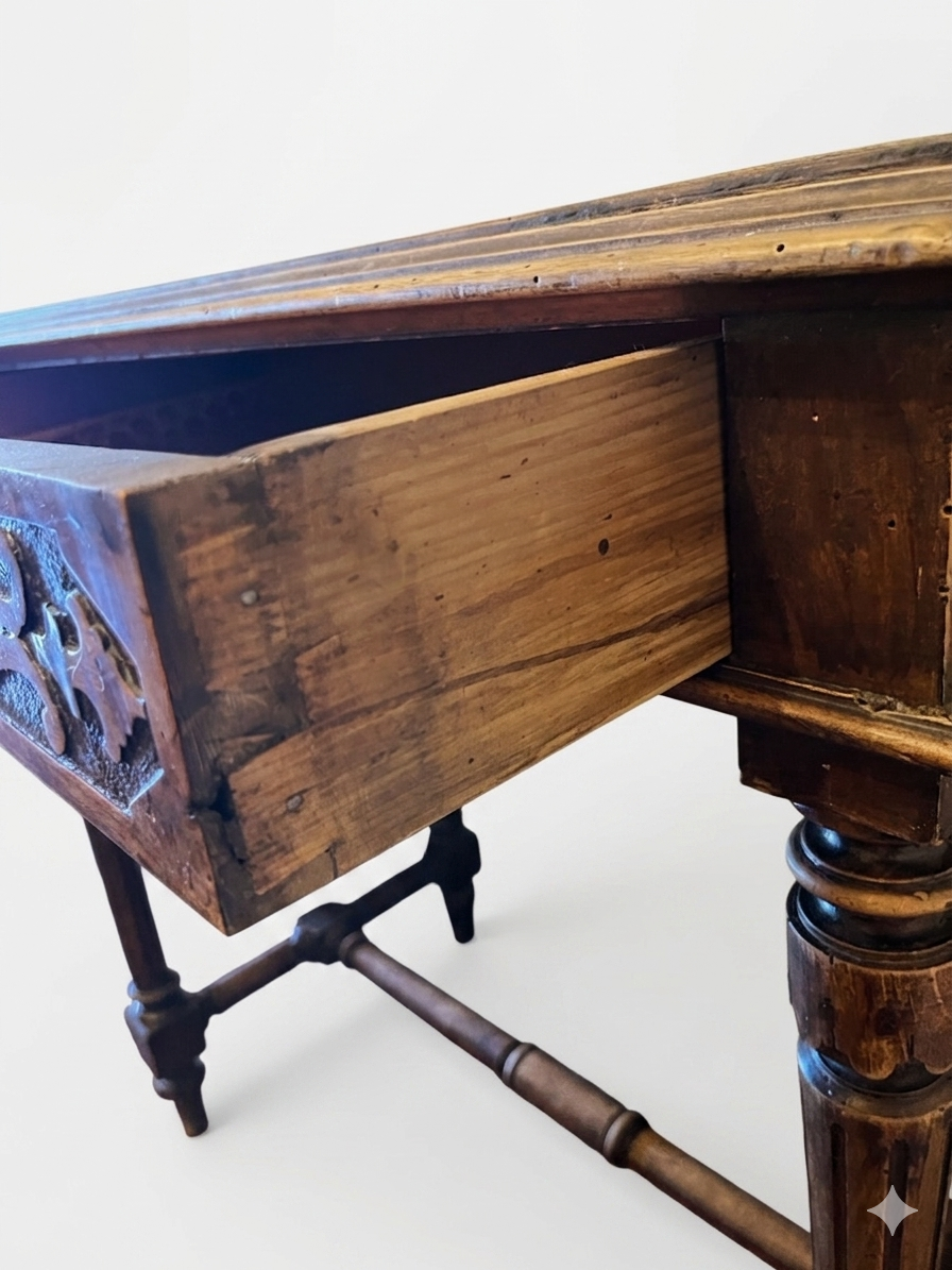 150 Year Old Walnut Writing Desk with Hand-Carved Apron and Original Leather Top