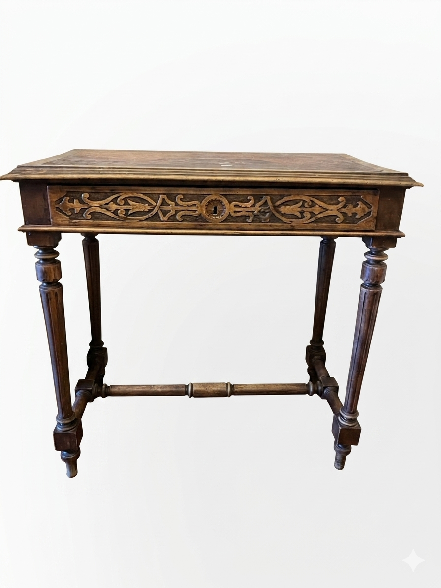 150 Year Old Walnut Writing Desk with Hand-Carved Apron and Original Leather Top